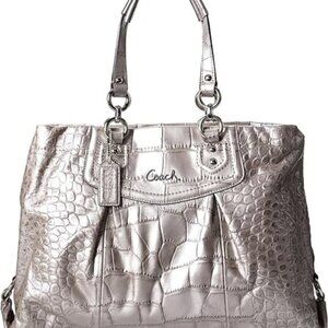 Coach Ashley Crocodile Embossed Metallic Silver Leather Shoulder Bag /Handbag